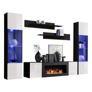 Ensemble de meubles suspendus avec cheminée décorative collection FLY M3. Coloris noir et blanc.