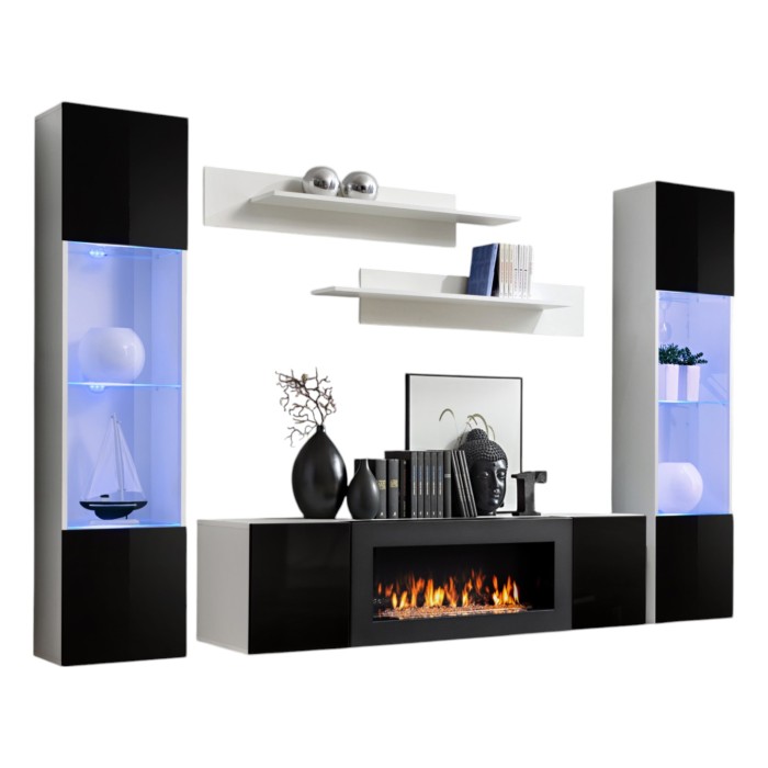 Ensemble de meubles suspendus avec cheminée décorative collection FLY M3. Coloris blanc et noir.