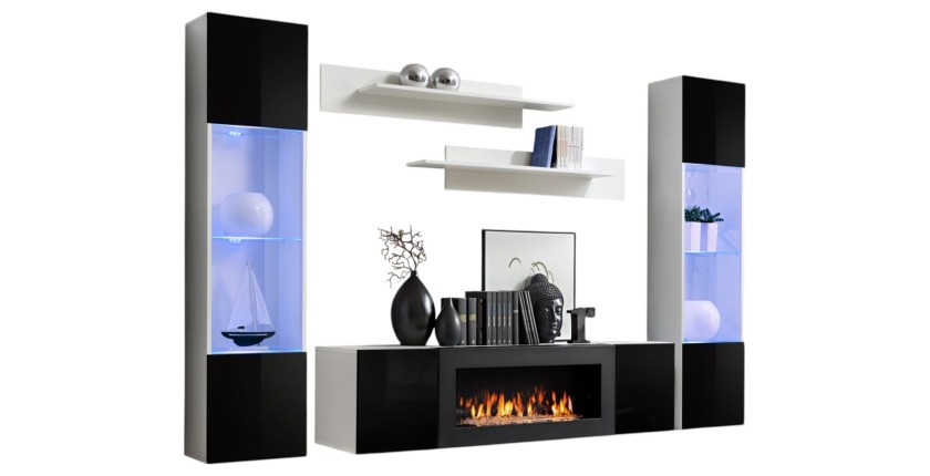 Ensemble de meubles suspendus avec cheminée décorative collection FLY M3. Coloris blanc et noir.
