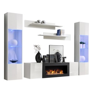Ensemble de meubles suspendus avec cheminée décorative collection FLY M3. Coloris blanc.