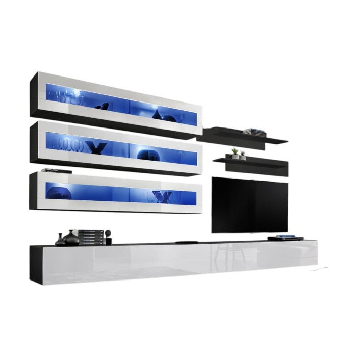 Ensemble de meubles suspendus avec LEDS collection FLY J2. Coloris noir et blanc.