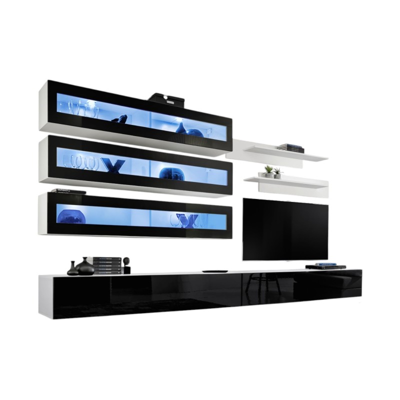 Ensemble de meubles suspendus avec LEDS collection FLY J2. Coloris blanc et noir.