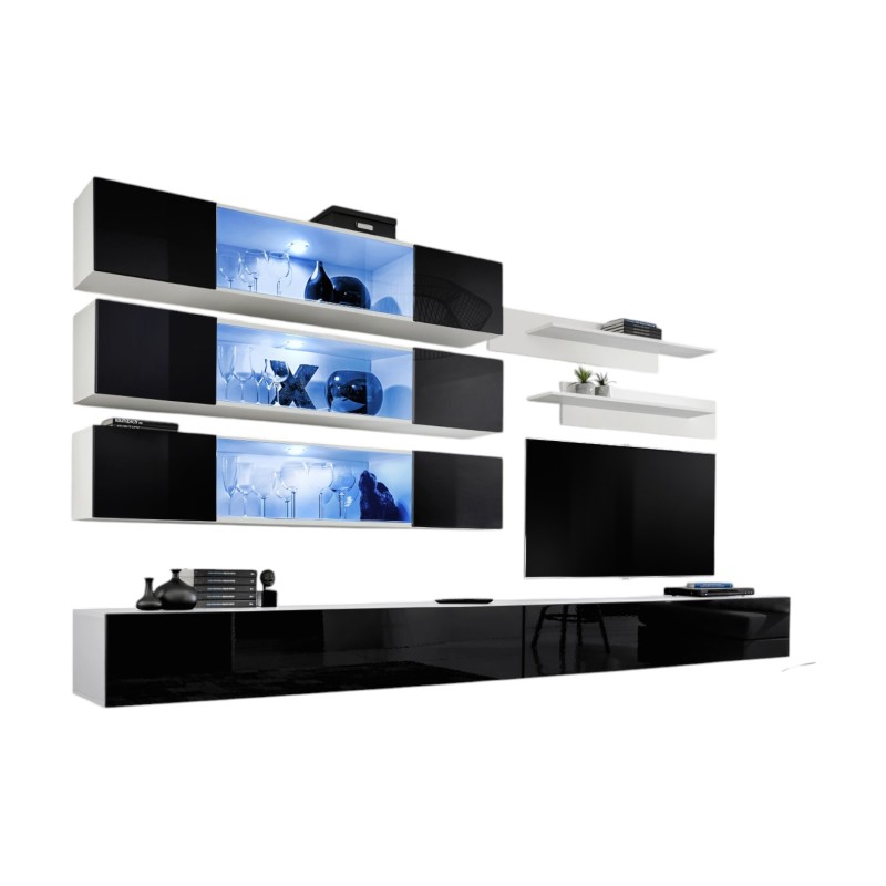 Ensemble de meubles suspendus avec LEDS collection FLY J3. Coloris blanc et noir.