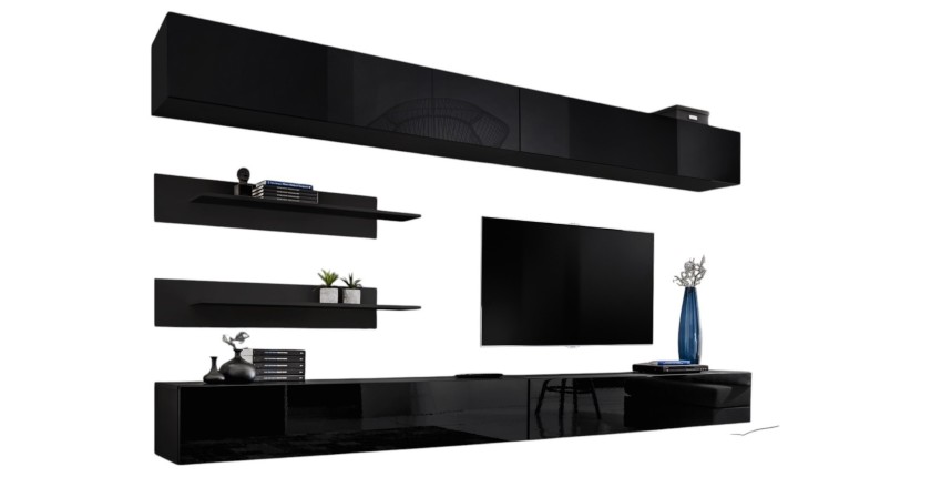 Ensemble de meubles suspendus FLY. Coloris noir mat et noire brillant.