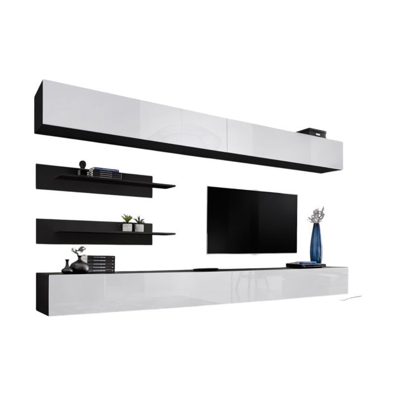 Ensemble de meubles suspendus FLY. Coloris noir mat et blanc brillant.