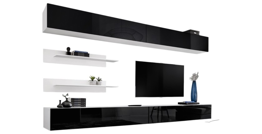 Ensemble de meubles suspendus FLY. Coloris blanc mat et noir brillant.