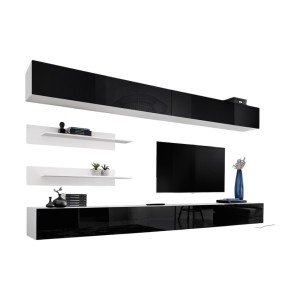 Ensemble de meubles suspendus FLY. Coloris blanc mat et noir brillant.