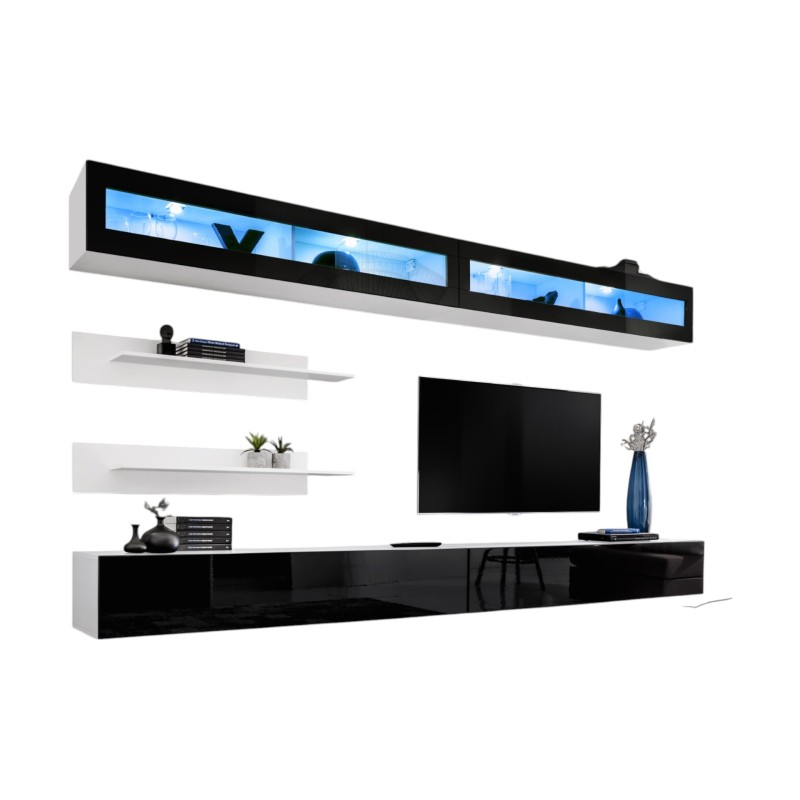 Ensemble de meubles suspendus avec LEDS collection FLY. Coloris blanc et noir.
