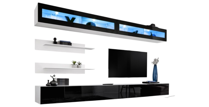 Ensemble de meubles suspendus avec LEDS collection FLY. Coloris blanc et noir.