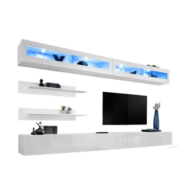 Ensemble de meubles suspendus avec LEDS collection FLY. Coloris blanc.