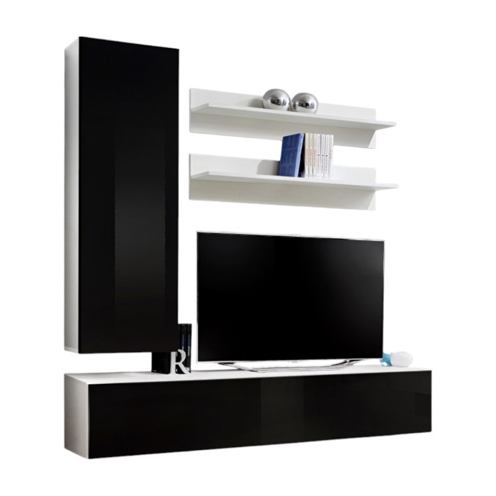 Meuble TV FLY G3 design, coloris blanc et noir brillant. Meuble suspendu moderne et tendance pour votre salon.