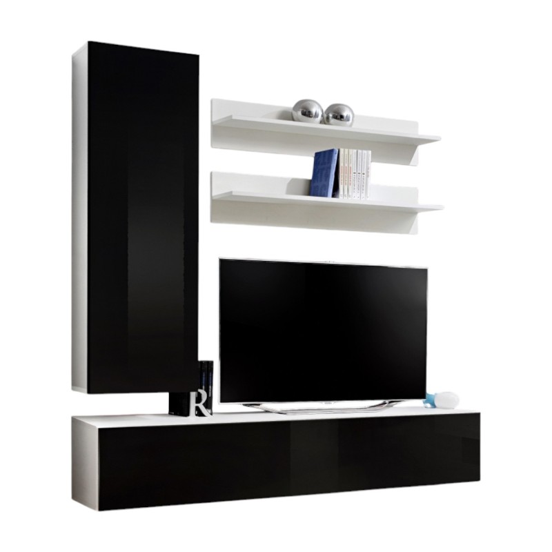 Meuble TV FLY G3 design, coloris blanc et noir brillant. Meuble suspendu moderne et tendance pour votre salon.