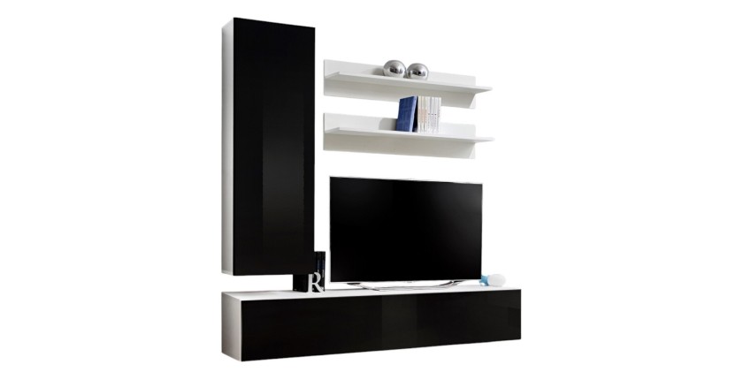 Meuble TV FLY G3 design, coloris blanc et noir brillant. Meuble suspendu moderne et tendance pour votre salon.