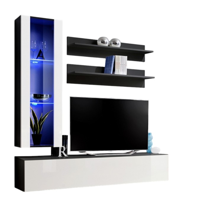 Meuble TV FLY H2 design, coloris noir et blanc brillant. Meuble suspendu moderne et tendance pour votre salon.