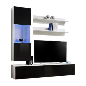 Meuble TV FLY H3 design, coloris blanc et noir brillant. Meuble suspendu moderne et tendance pour votre salon.