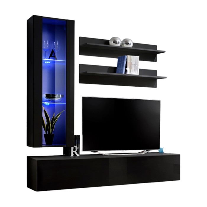 Meuble TV FLY H2 design, coloris noir brillant. Meuble suspendu moderne et tendance pour votre salon.