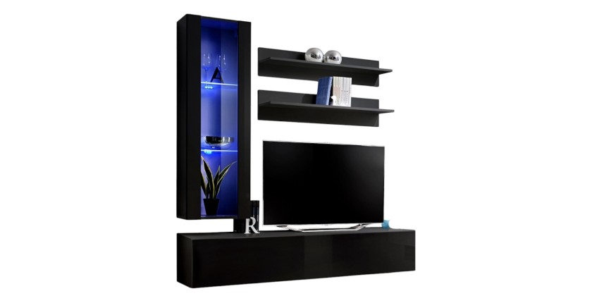 Meuble TV FLY H2 design, coloris noir brillant. Meuble suspendu moderne et tendance pour votre salon.