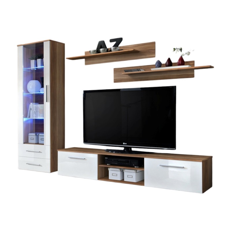Meuble TV GALINO design, coloris prunier et blanc brillant. Meuble moderne et tendance pour votre salon.