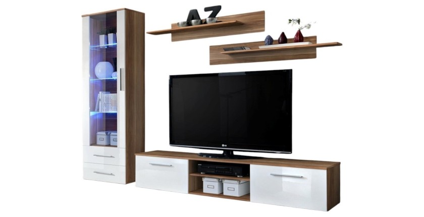 Meuble TV GALINO design, coloris prunier et blanc brillant. Meuble moderne et tendance pour votre salon.