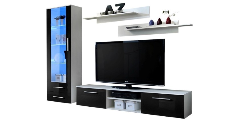 Meuble TV GALINO design, coloris noir et blanc brillant. Meuble moderne et tendance pour votre salon.