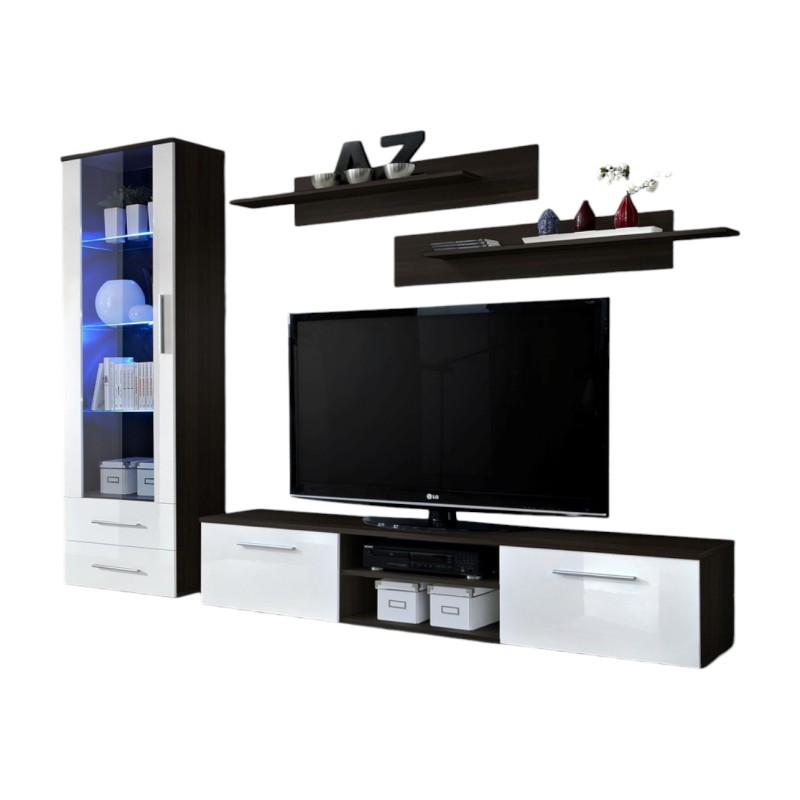 Meuble TV GALINO A design, coloris wengé et blanc brillant. Meuble moderne et tendance pour votre salon.
