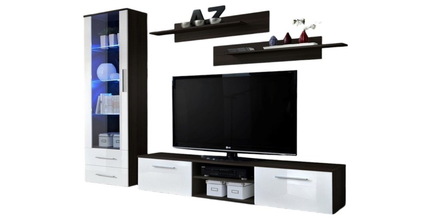 Meuble TV GALINO A design, coloris wengé et blanc brillant. Meuble moderne et tendance pour votre salon.