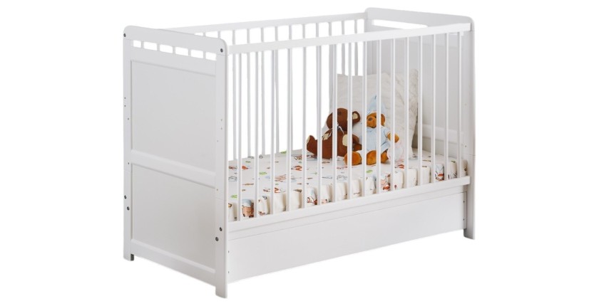 Lit bébé évolutif - GUIZMO - Coloris blanc mat - Lit réglable en hauteur avec tiroir et matelas.