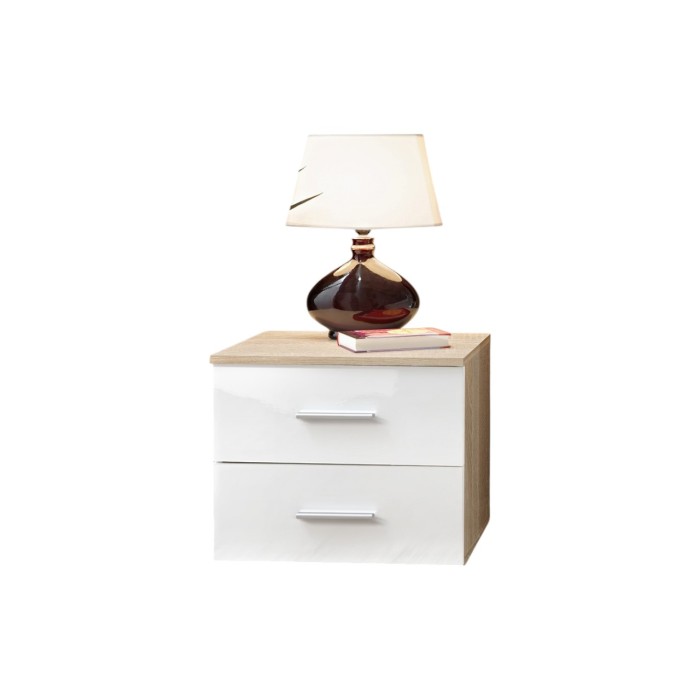 Table de chevet deux tiroirs, collection BALOS. Coloris chêne et blanc brillant.