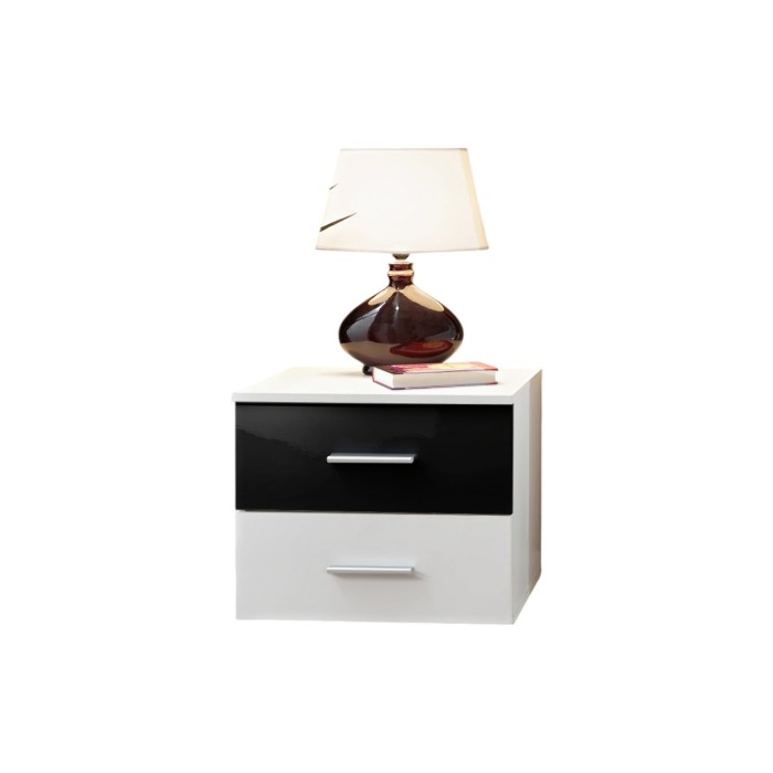 Table de chevet deux tiroirs, collection BALOS. Coloris blanc brillant et noir brillant.