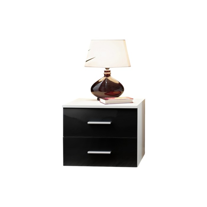Table de chevet deux tiroirs, collection BALOS. Coloris blanc mat et noir brillant.