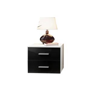 Table de chevet deux tiroirs, collection BALOS. Coloris blanc mat et noir brillant.