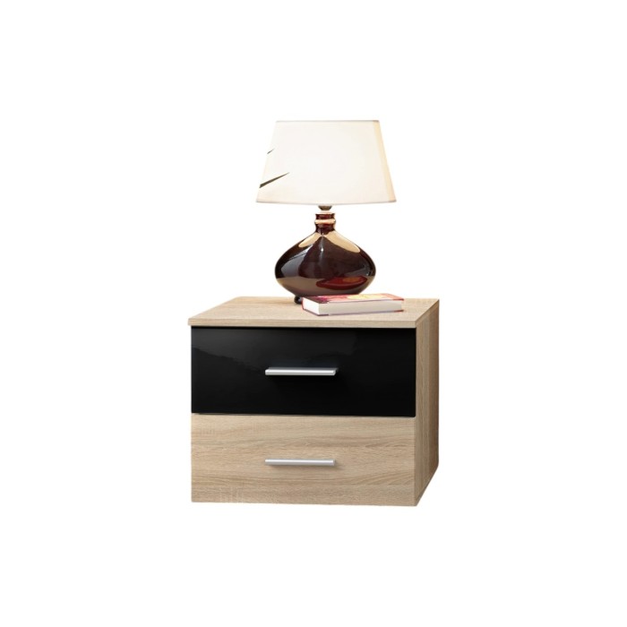 Table de chevet deux tiroirs, collection BALOS. Coloris chêne et noir.