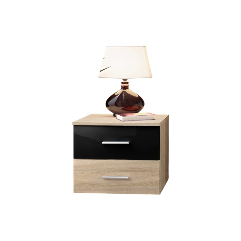 Table de chevet deux tiroirs, collection BALOS. Coloris chêne et noir.