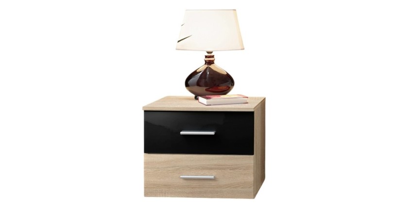 Table de chevet deux tiroirs, collection BALOS. Coloris chêne et noir.