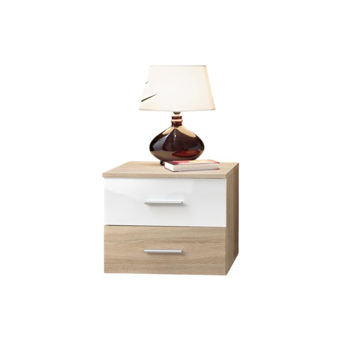 Table de chevet deux tiroirs, collection BALOS. Coloris chêne et blanc.