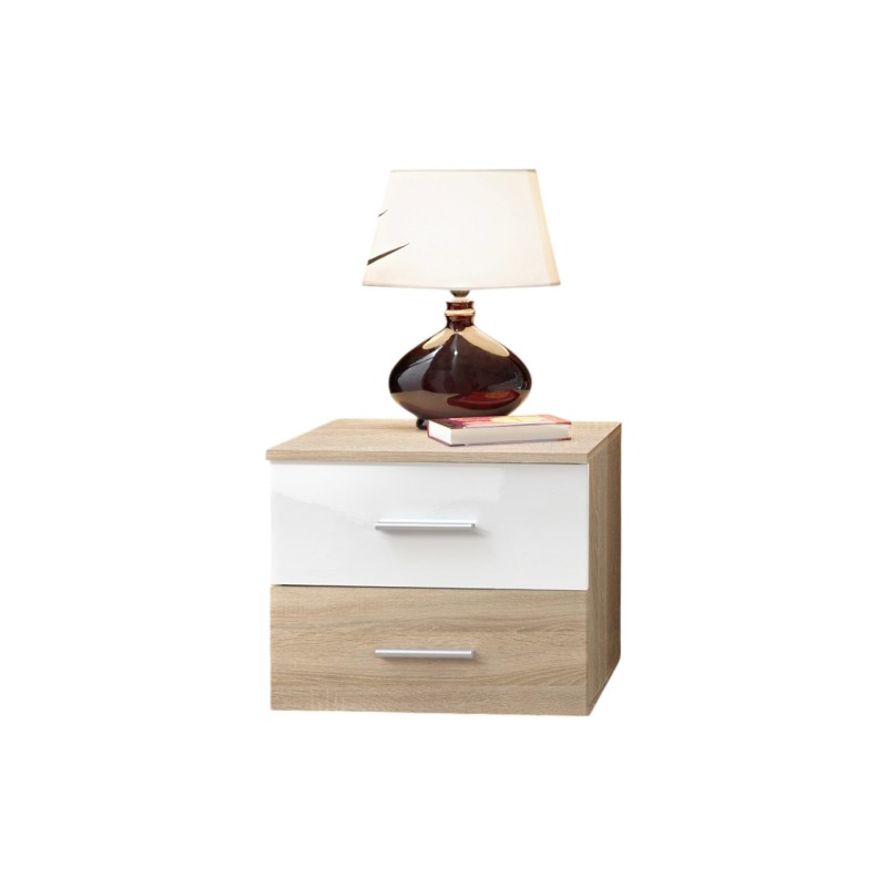 Table de chevet deux tiroirs, collection BALOS. Coloris chêne et blanc.