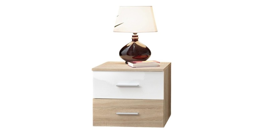 Table de chevet deux tiroirs, collection BALOS. Coloris chêne et blanc.