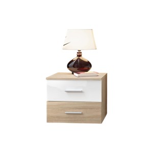 Table de chevet deux tiroirs, collection BALOS. Coloris chêne et blanc.