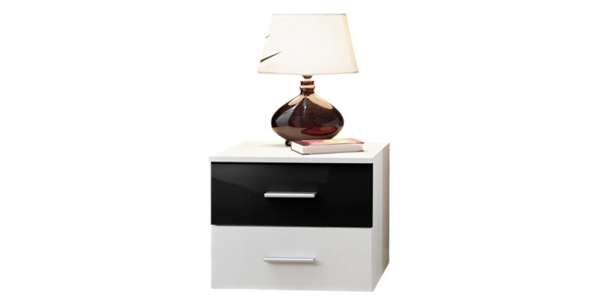 Table de chevet deux tiroirs, collection BALOS. Coloris blanc et noir.