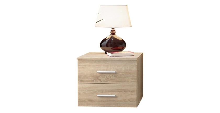 Table de chevet deux tiroirs, collection BALOS. Coloris chêne.