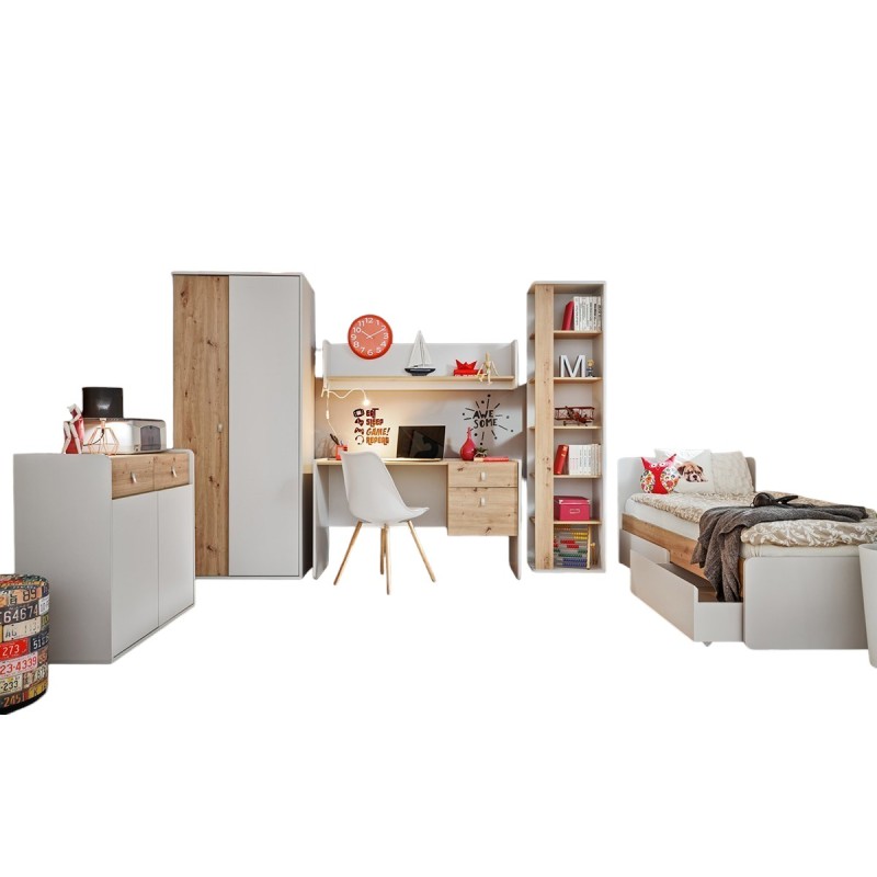 Chambre enfant ado BIBOU : armoire 2 portes, lit, bibliothéque, bureau, commode, étagére