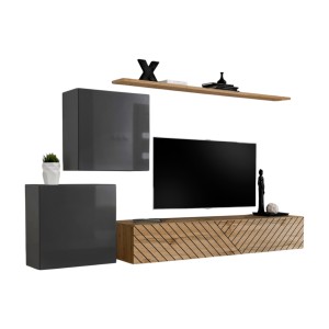 Ensemble de meubles design de salon SWITCH V, coloris gris et chêne. Finitions gris brillant et chêne fraisé.