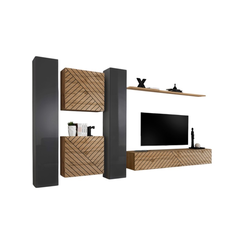 Ensemble de meubles design de salon SWITCH VI. Coloris gris et chêne finition gris brillant et chêne effet fraisé.
