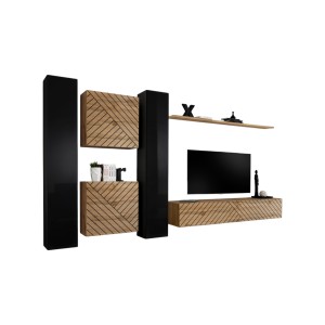 Ensemble de meubles design de salon SWITCH VI. Coloris noir et chêne finition noires brillantes et chêne effet fraisé.