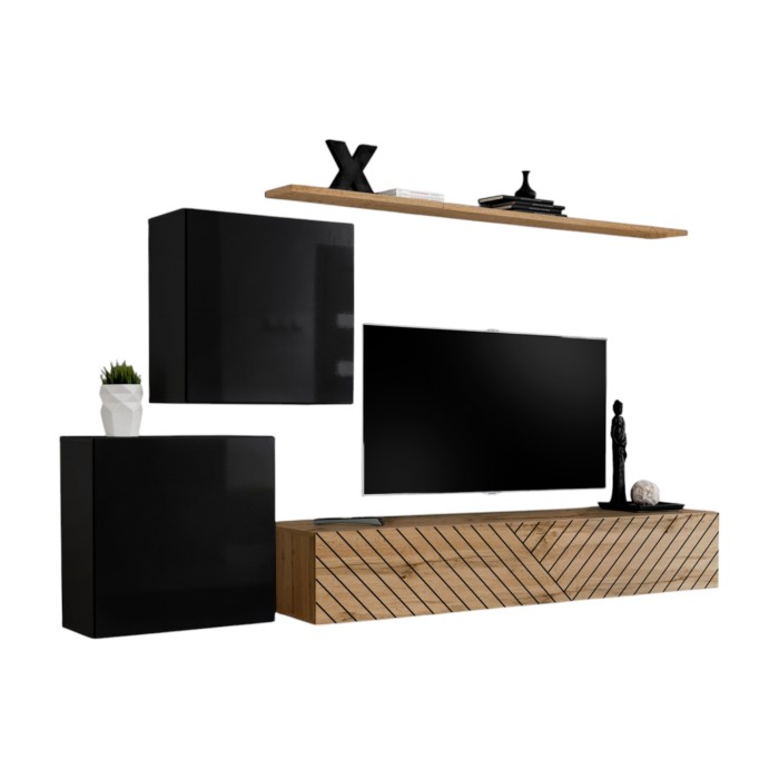 Ensemble de meubles design de salon SWITCH V, coloris noir et chêne. Finitions noir brillant et chêne fraisé.