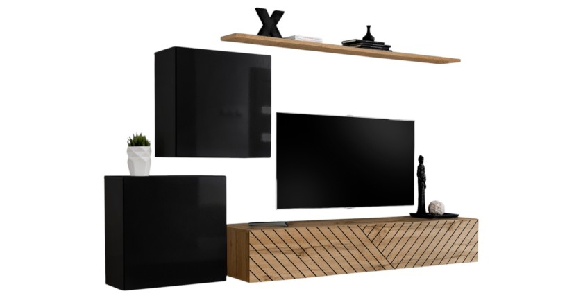 Ensemble de meubles design de salon SWITCH V, coloris noir et chêne. Finitions noir brillant et chêne fraisé.