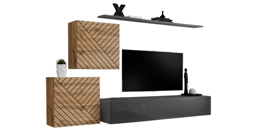 Ensemble de meubles design de salon SWITCH V, coloris chêne et gris finitions chêne fraisé et gris brillant.