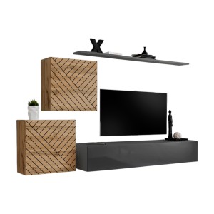 Ensemble de meubles design de salon SWITCH V, coloris chêne et gris finitions chêne fraisé et gris brillant.