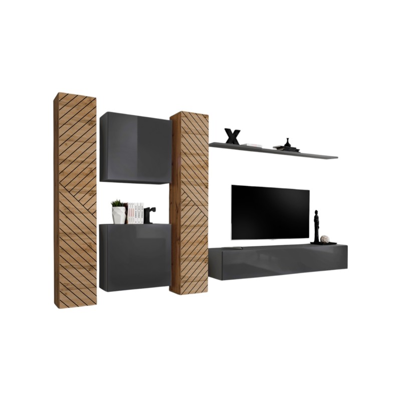 Ensemble de meubles design de salon SWITCH VI. Coloris chêne et gris finition chêne effet fraisé et gris brillant.