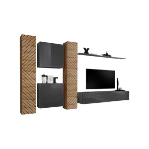 Ensemble de meubles design de salon SWITCH VI. Coloris chêne et gris finition chêne effet fraisé et gris brillant.